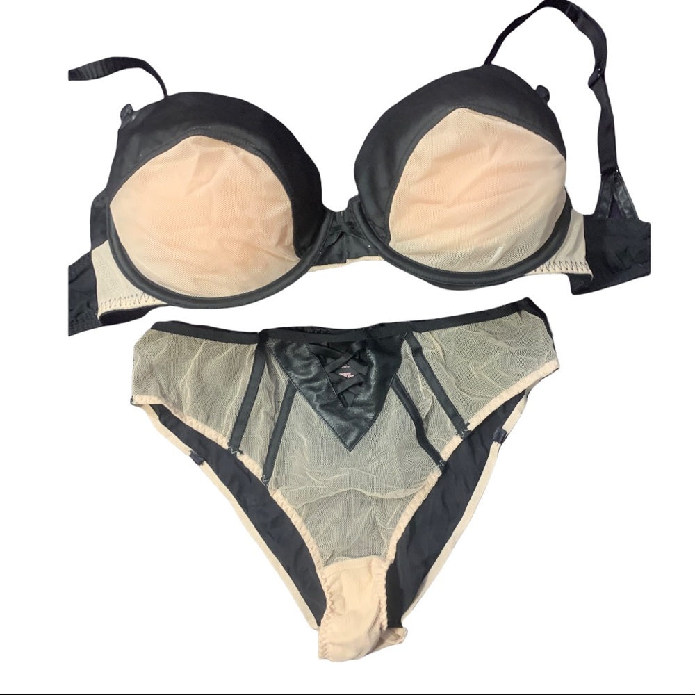 Nude mesh and faux leather unlined Demi bra 34D & matching panties MED